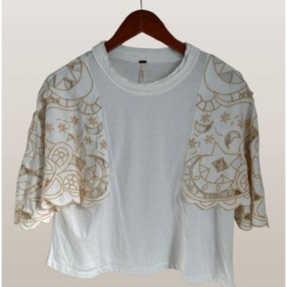Free People Angel Embroidered Flutter Sleeve Cotton T-Shirt White - XS - Picture 3 of 12